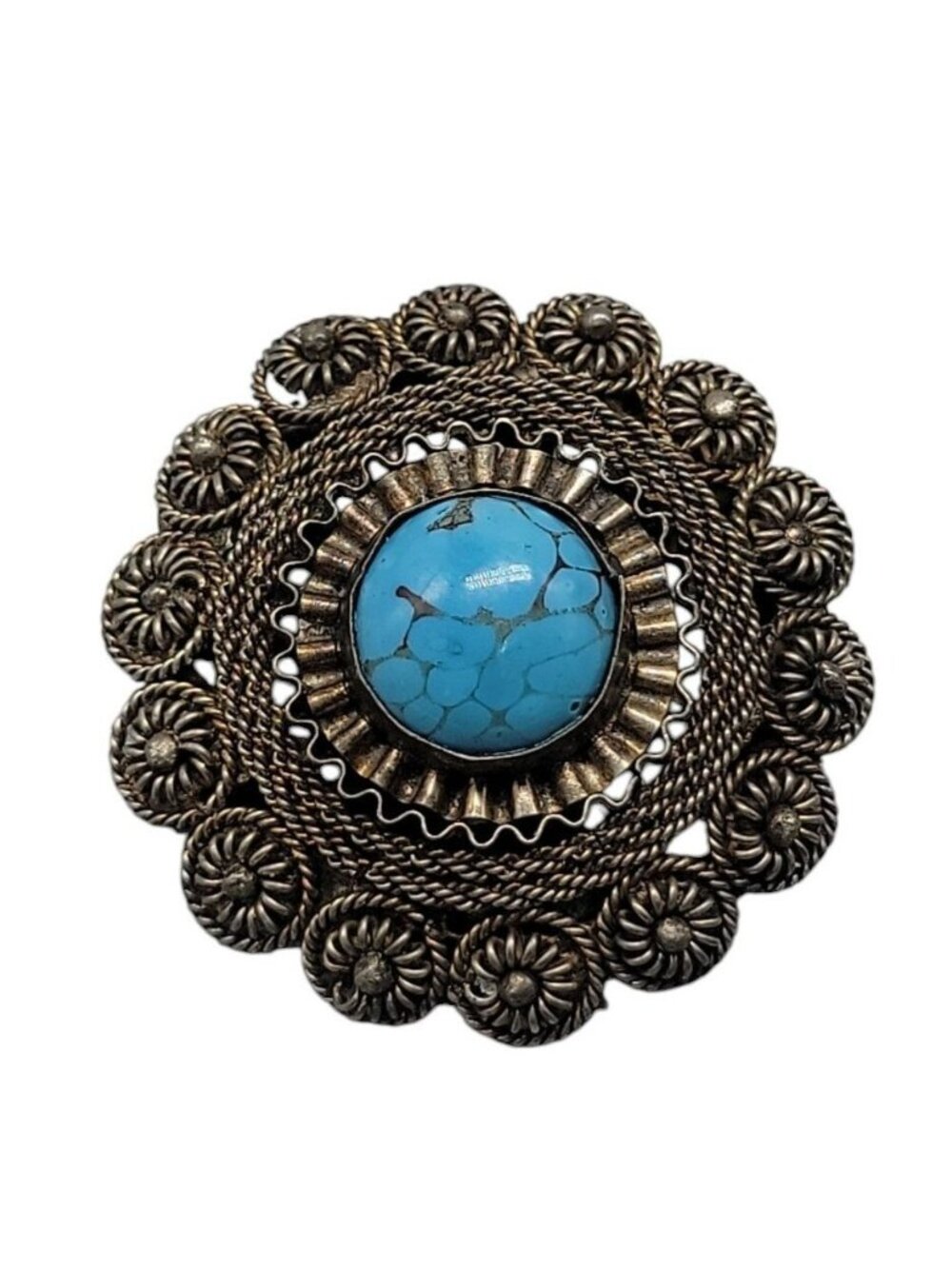Faux Turquoise Silver Plated Brooch Pendant Blue Glass Filigree Setting Vintage - Picture 16 of 16